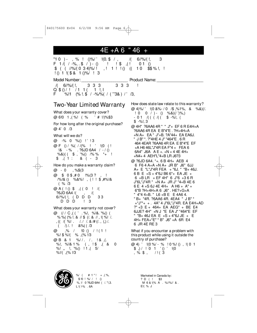 GE 840175600, 681131691857 manual Customer Assistance, Model Number Product Name 