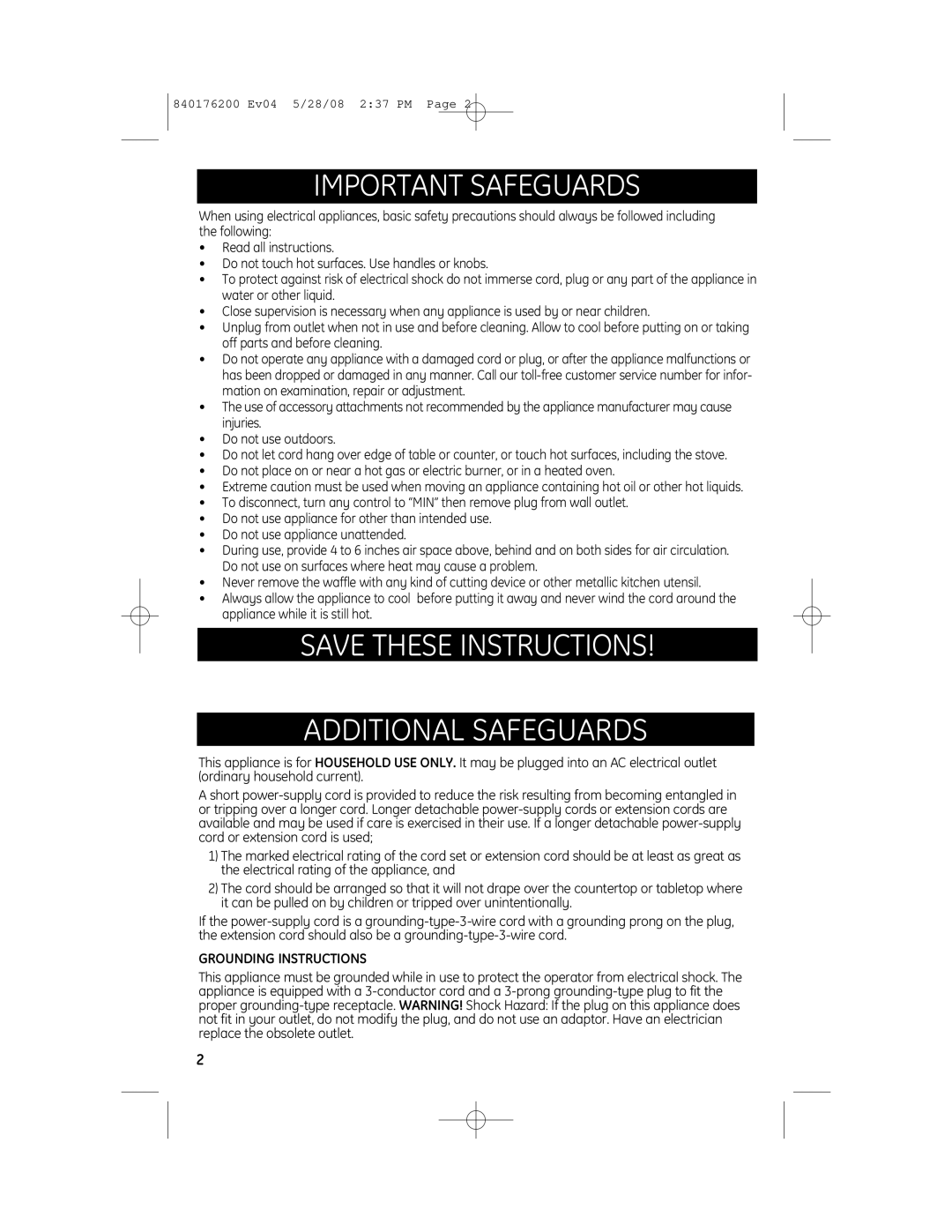 GE 840176200 manual Important Safeguards, Grounding Instructions 