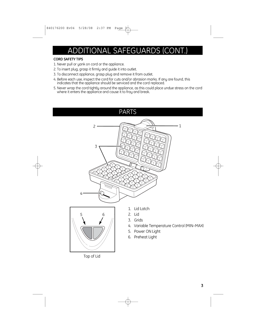 GE 840176200 manual Parts, Cord Safety Tips 