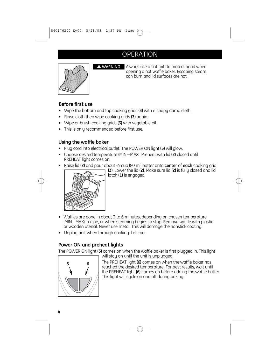 GE 840176200 manual Operation, Before first use 