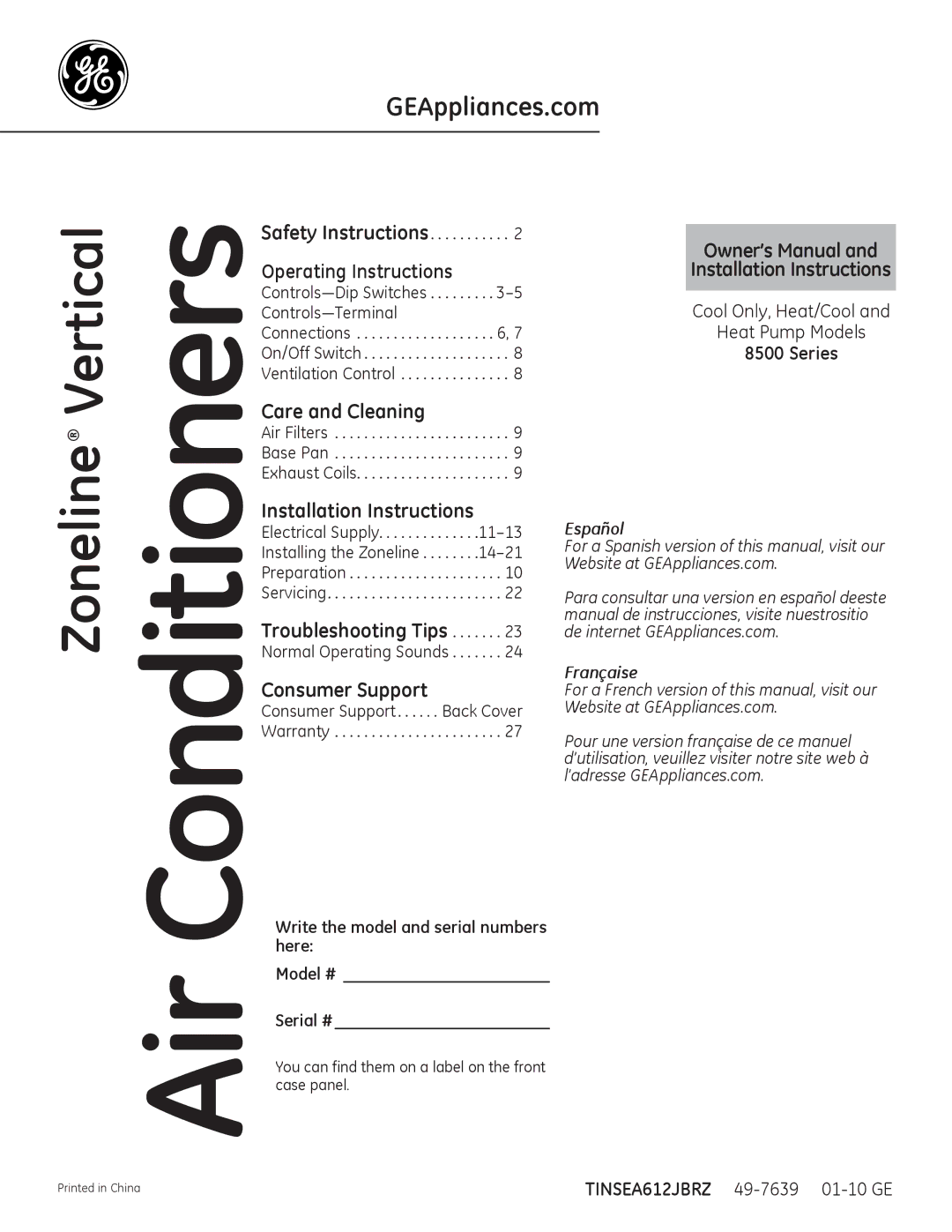 GE 8500 Series installation instructions Air Filters, Preparation, Warranty, Model # Serial # 