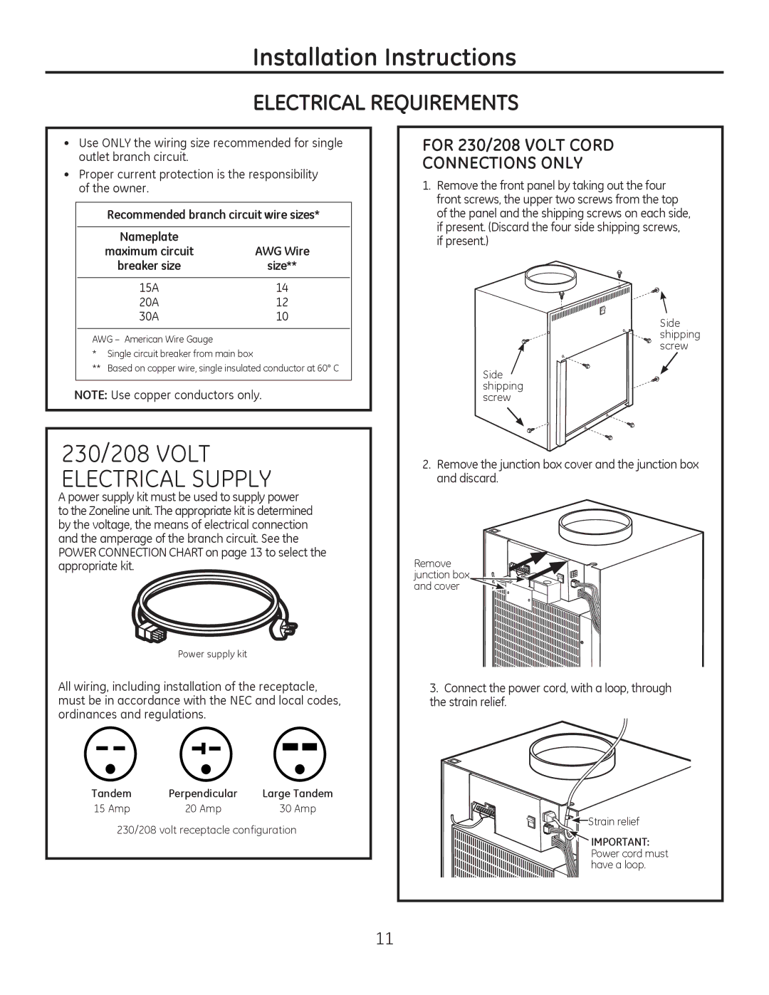 GE 8500 Series installation instructions For 230/208 Volt Cord Connections only, Recommended branch circuit wire sizes 