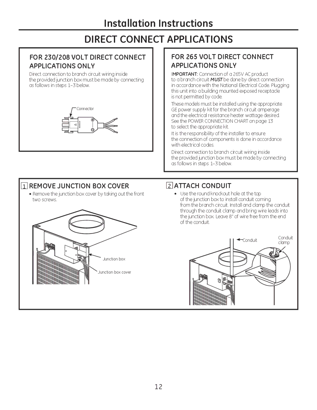 GE 8500 Series For 230/208 Volt Direct Connect Applications only, Remove Junction BOX Cover, Attach Conduit 