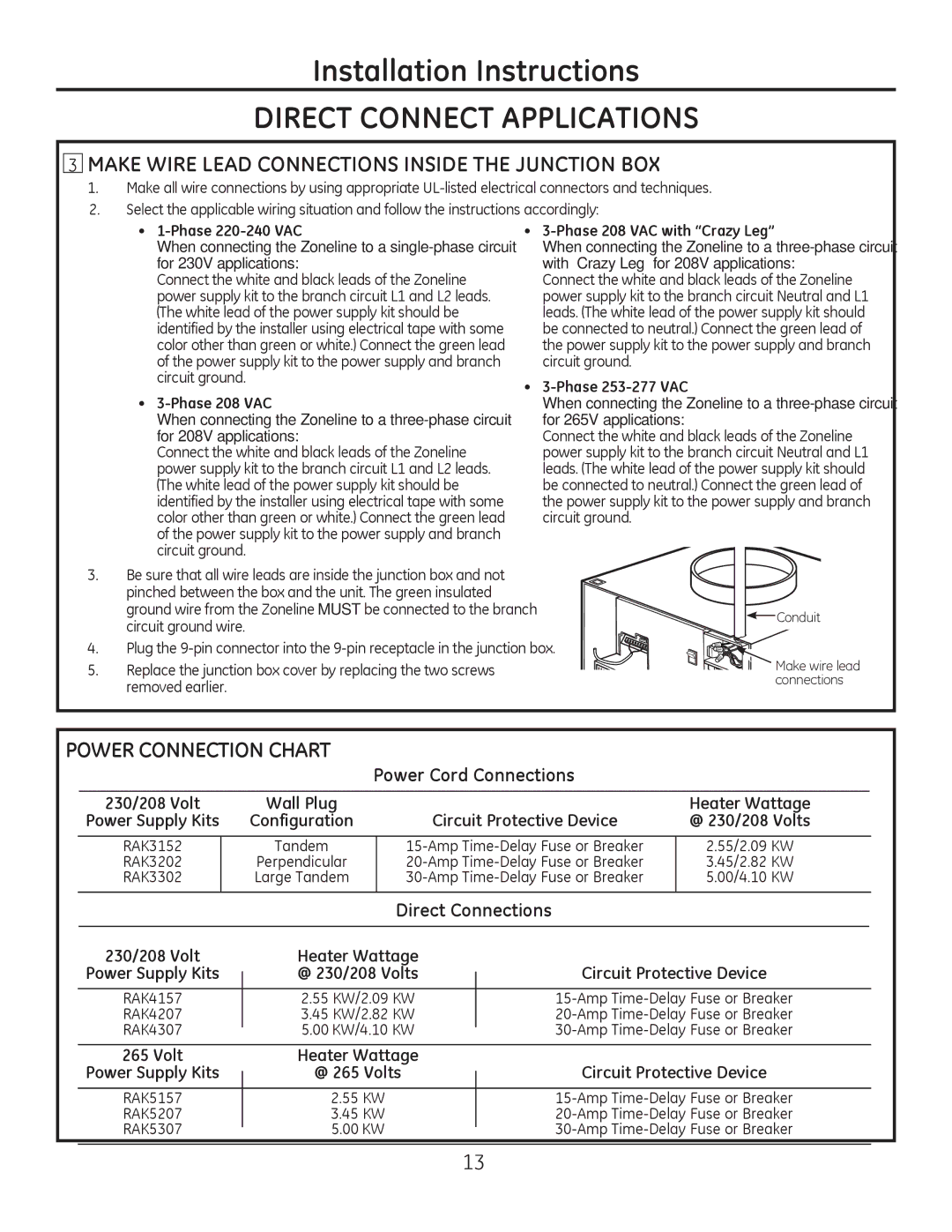 GE 8500 Series installation instructions Make Wire Lead Connections Inside the Junction BOX, Power Connection Chart 