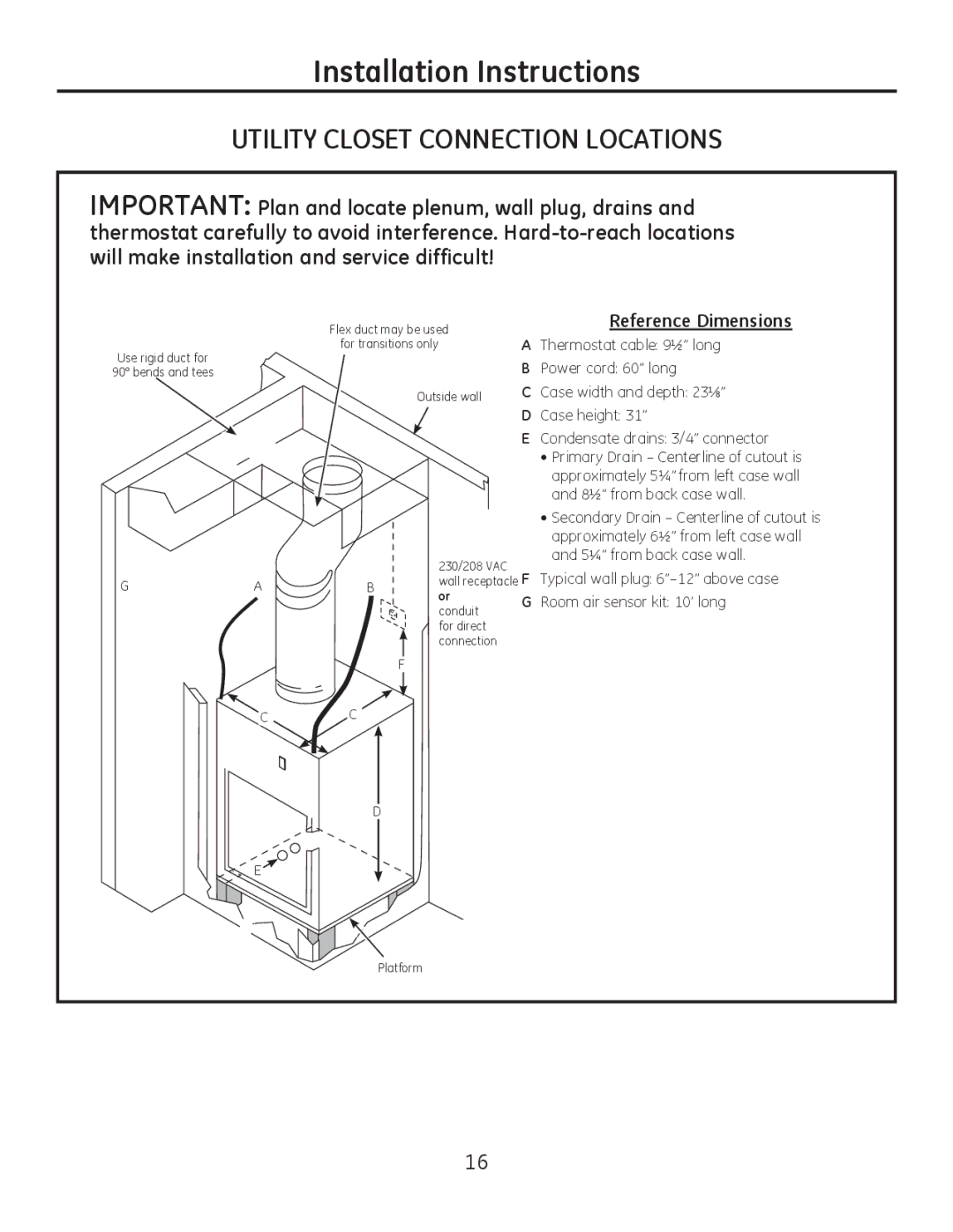 GE 8500 Series installation instructions Utility Closet Connection Locations 