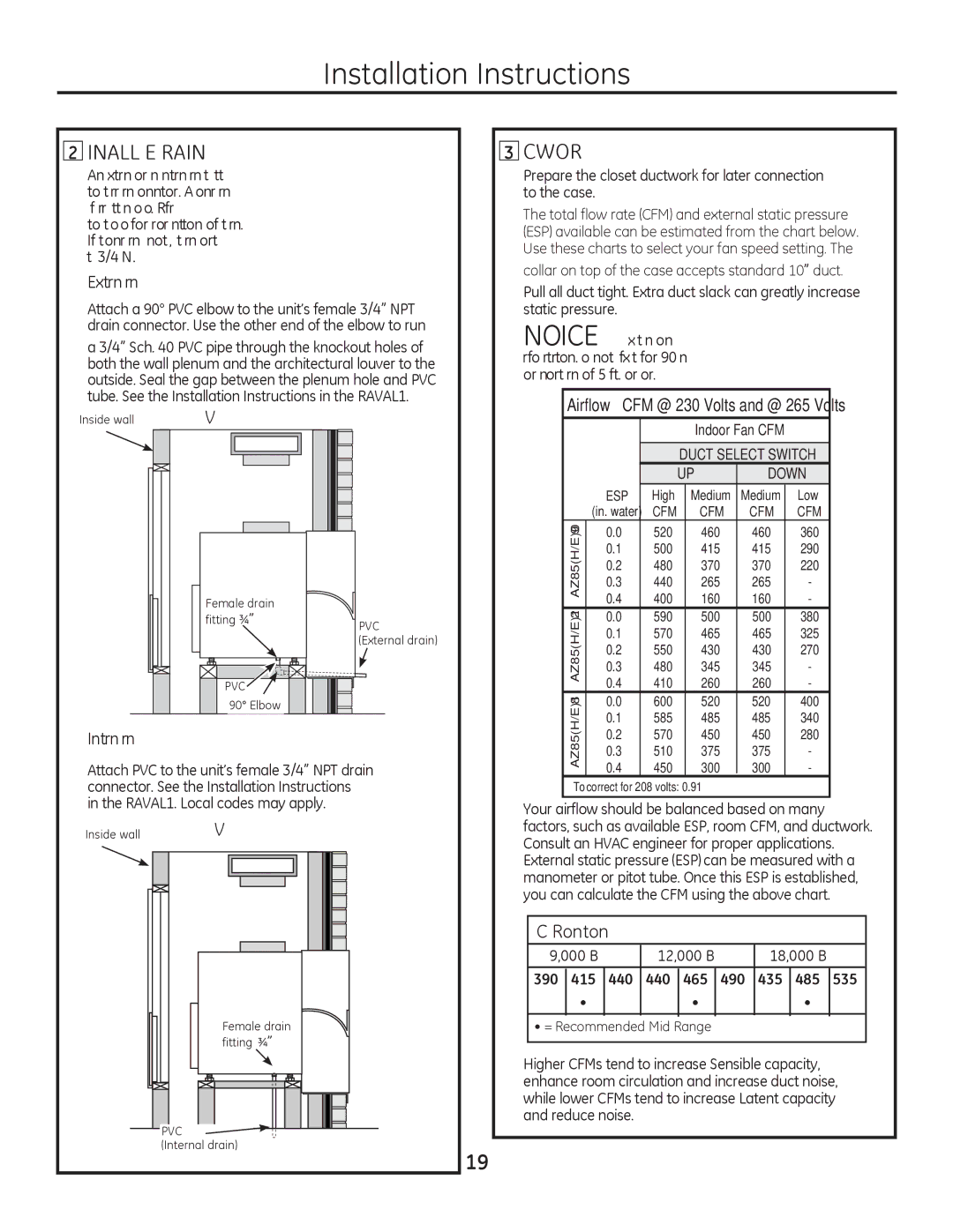 GE 8500 Series Install the Drains, Ductwork, BTU 12,000 BTU 18,000 BTU, 390 415 440 465 490 435 485 535 