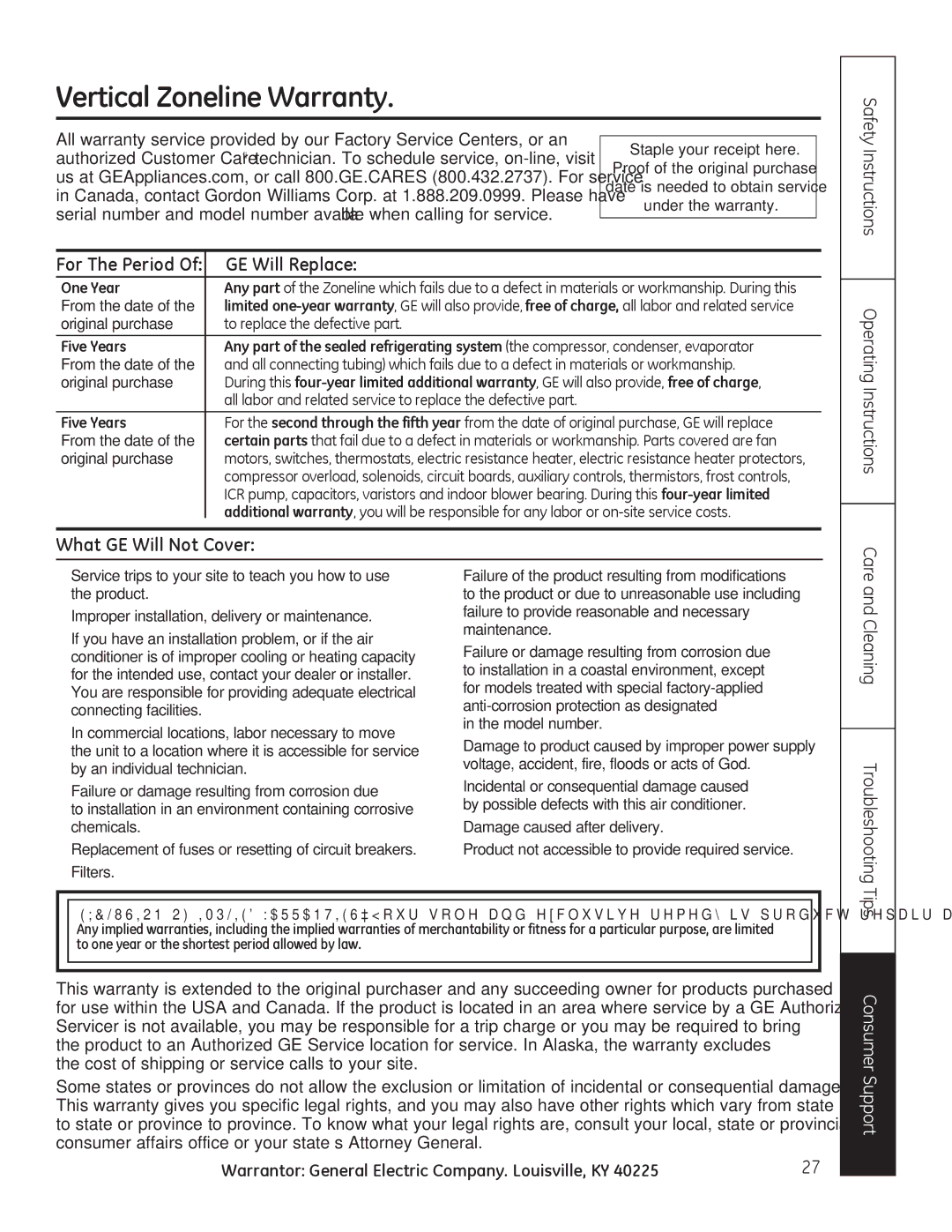 GE 8500 Series Vertical Zoneline Warranty, For The Period GE Will Replace, What GE Will Not Cover, Model number 