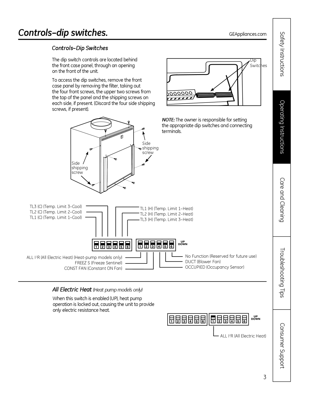 GE 8500 Series Controls-dip switches, Controls-Dip Switches, Troubleshooting, All Electric Heat Heat pump models only 