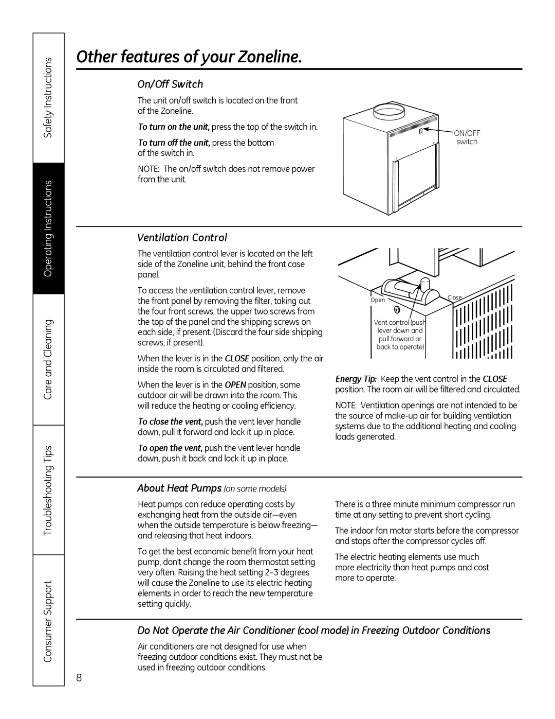 GE 8500 Series Other features of your Zoneline, On/Off Switch, Ventilation Control, About Heat Pumps on some models 