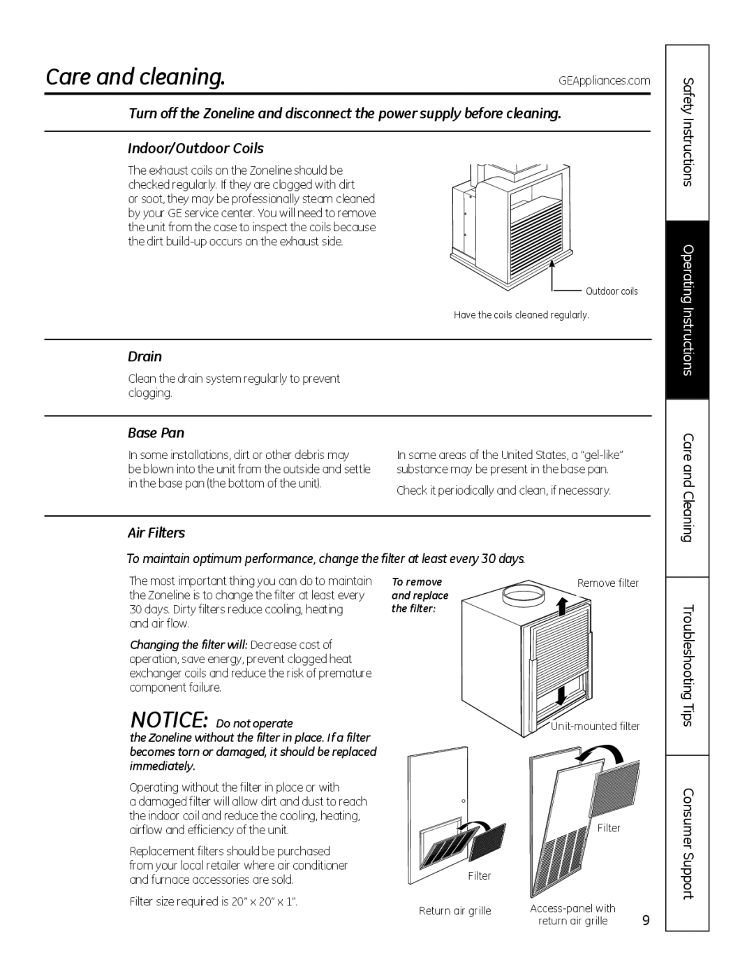 GE 8500 Series installation instructions Care and cleaning, Drain, Base Pan, Air Filters 