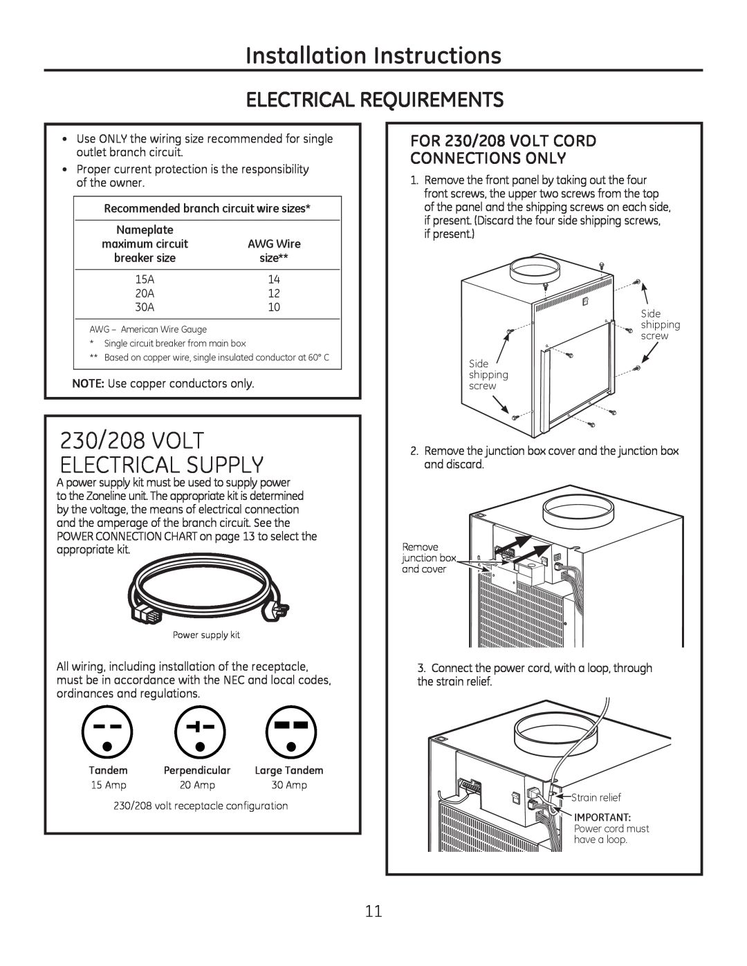 GE 8500 Series installation instructions Installation Instructions, Electrical Requirements, 230/208 VOLT ELECTRICAL SUPPLY 