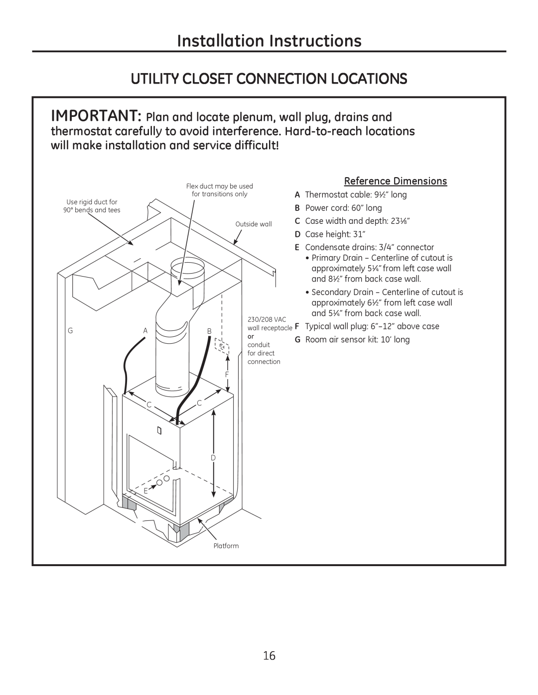 GE 8500 Series Utility Closet Connection Locations, Reference Dimensions, Installation Instructions 