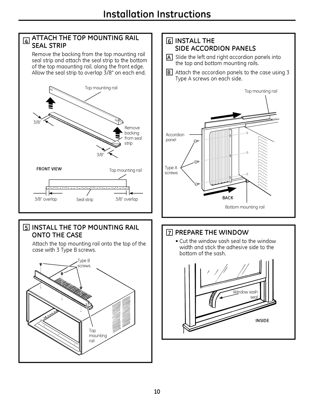 GE 880 installation instructions Attach the TOP Mounting Rail Seal Strip, Allow the seal strip to overlap 3/8 on each end 