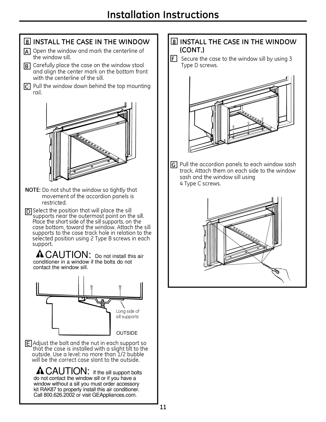 GE 880 installation instructions Install the Case in the Window 