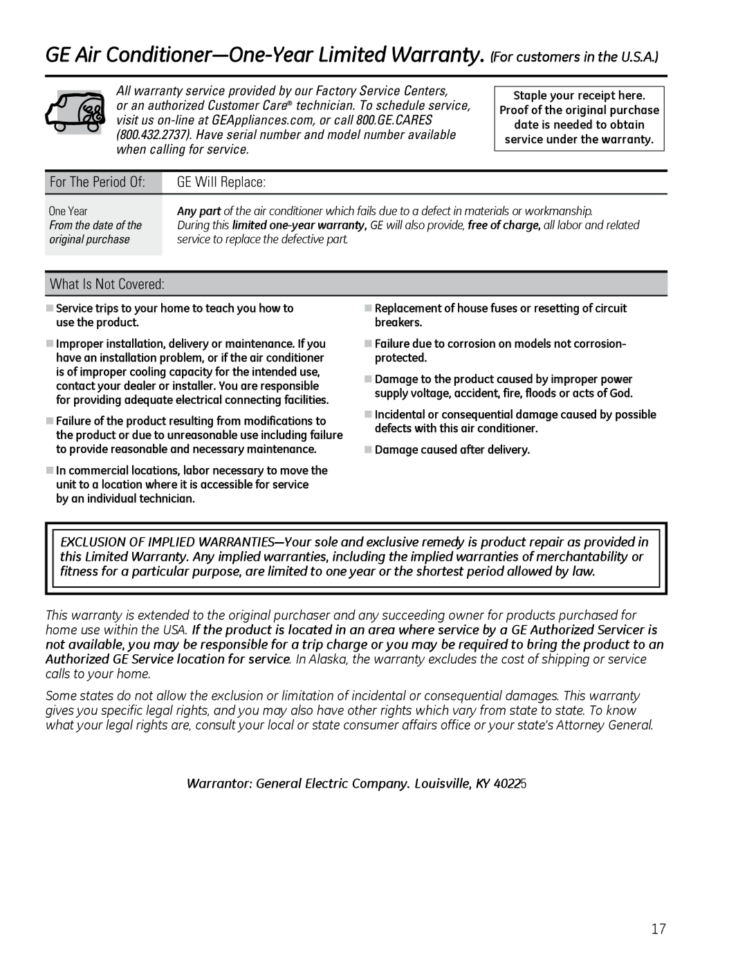 GE 880 installation instructions What Is Not Covered, For The Period, One Year 