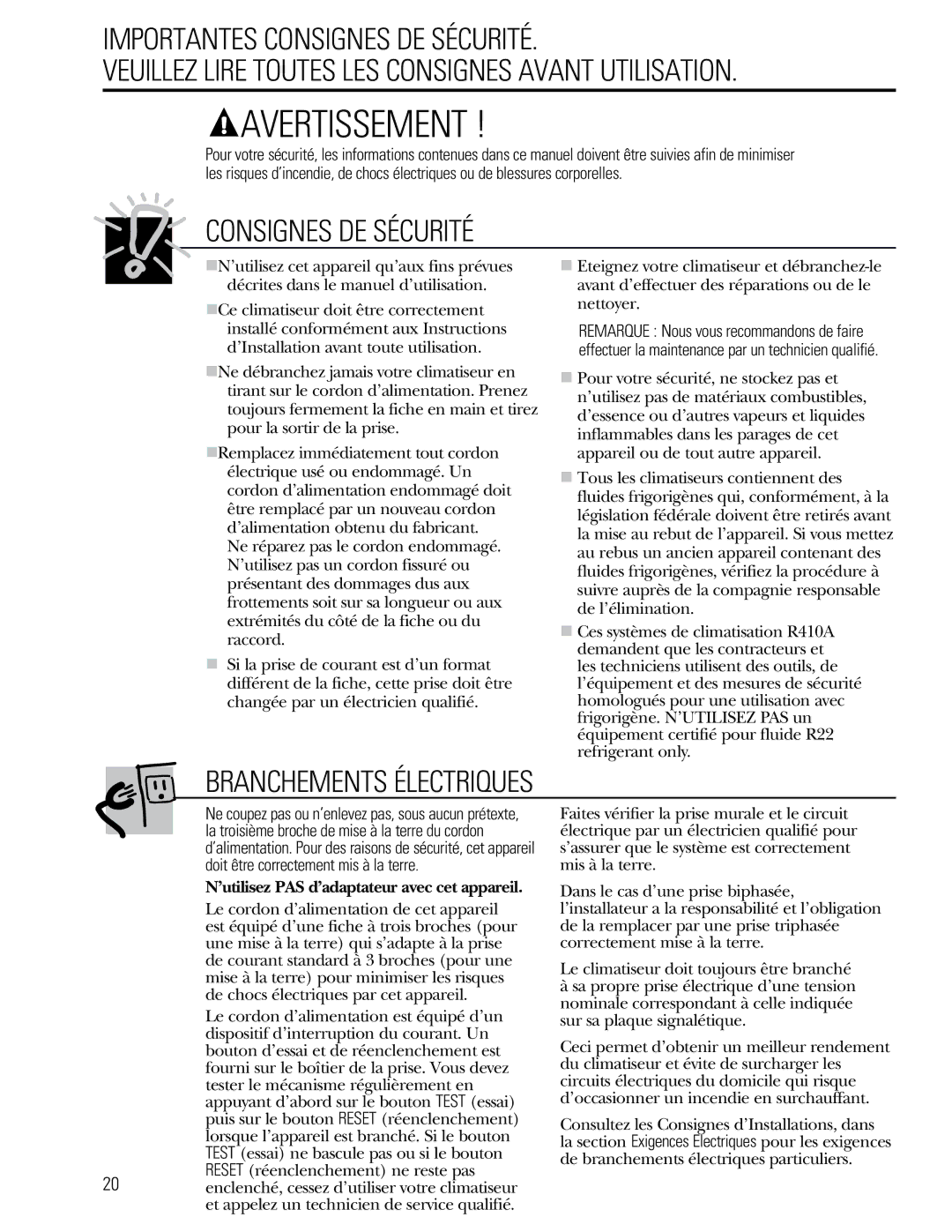 GE 880 installation instructions Avertissement, Branchements Électriques 