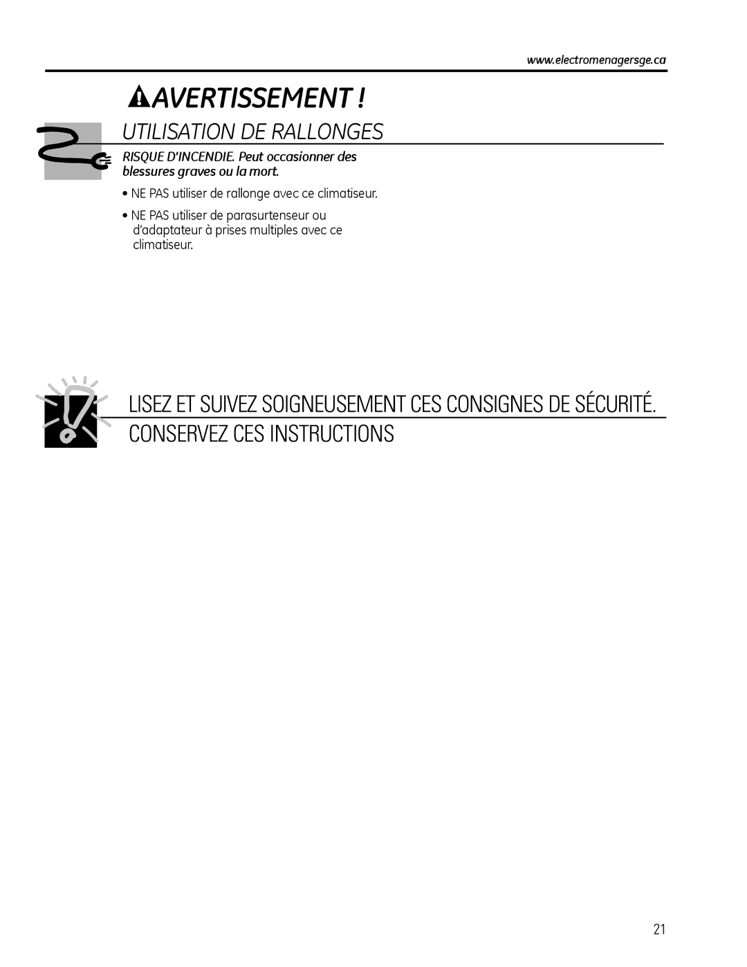 GE 880 installation instructions Avertissement 