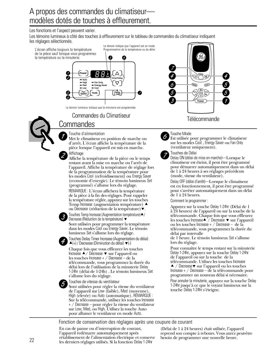 GE 880 installation instructions Commandes du Climatiseur, Télécommande 