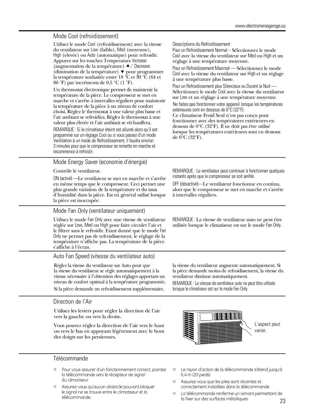 GE 880 Mode Cool refroidissement, Mode Energy Saver economie d’énergie, Mode Fan Only ventilateur uniquement, Télécommande 