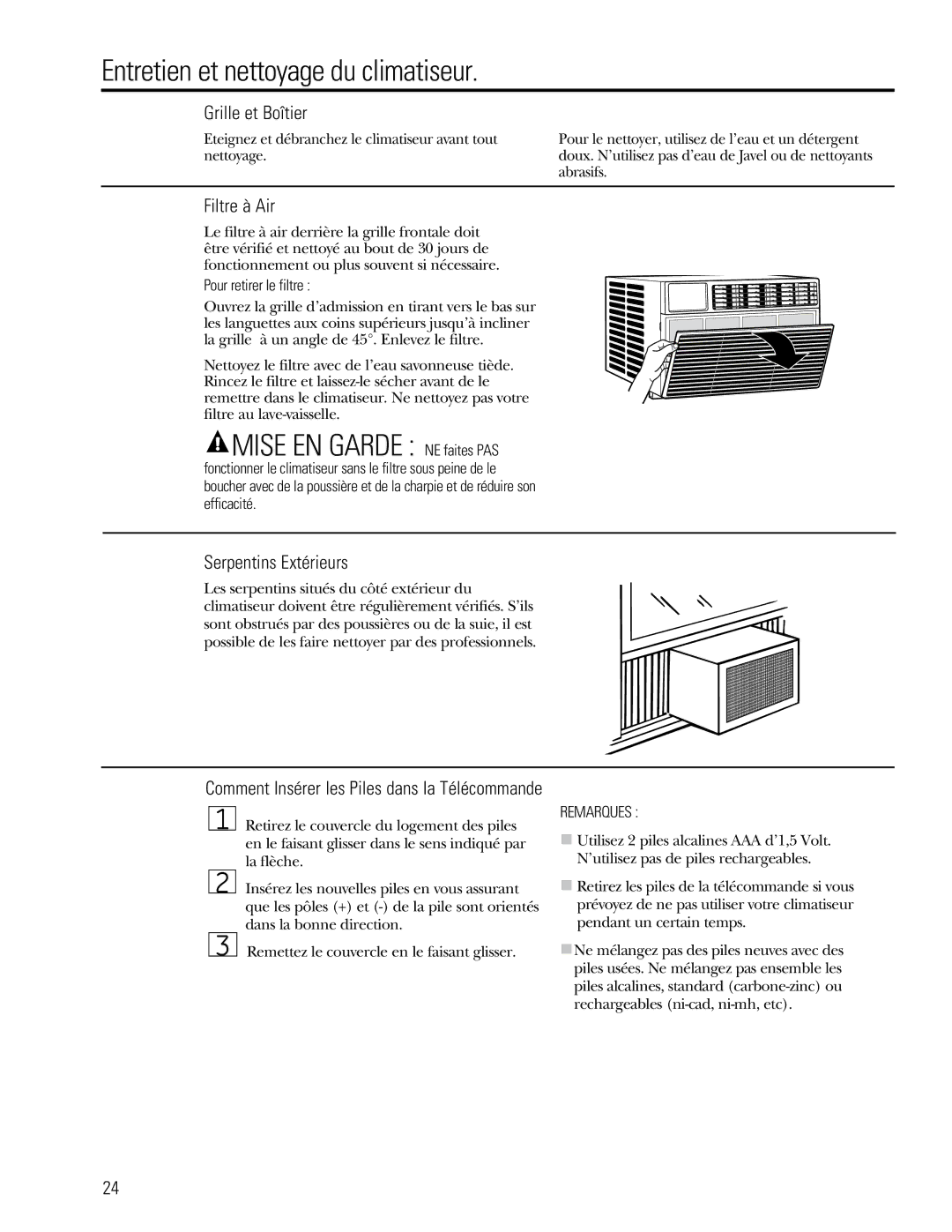 GE 880 Entretien et nettoyage du climatiseur, Mise EN Garde NE faites PAS, Grille et Boîtier, Filtre à Air 