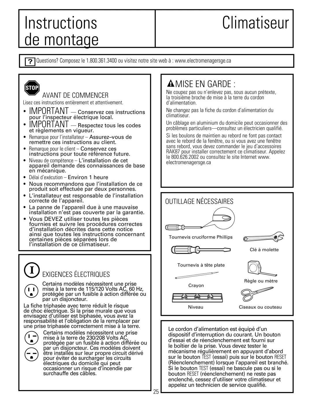 GE 880 installation instructions Avant DE Commencer, Exigences Électriques, Outillage Nécessaires, Surchauffe des câbles 