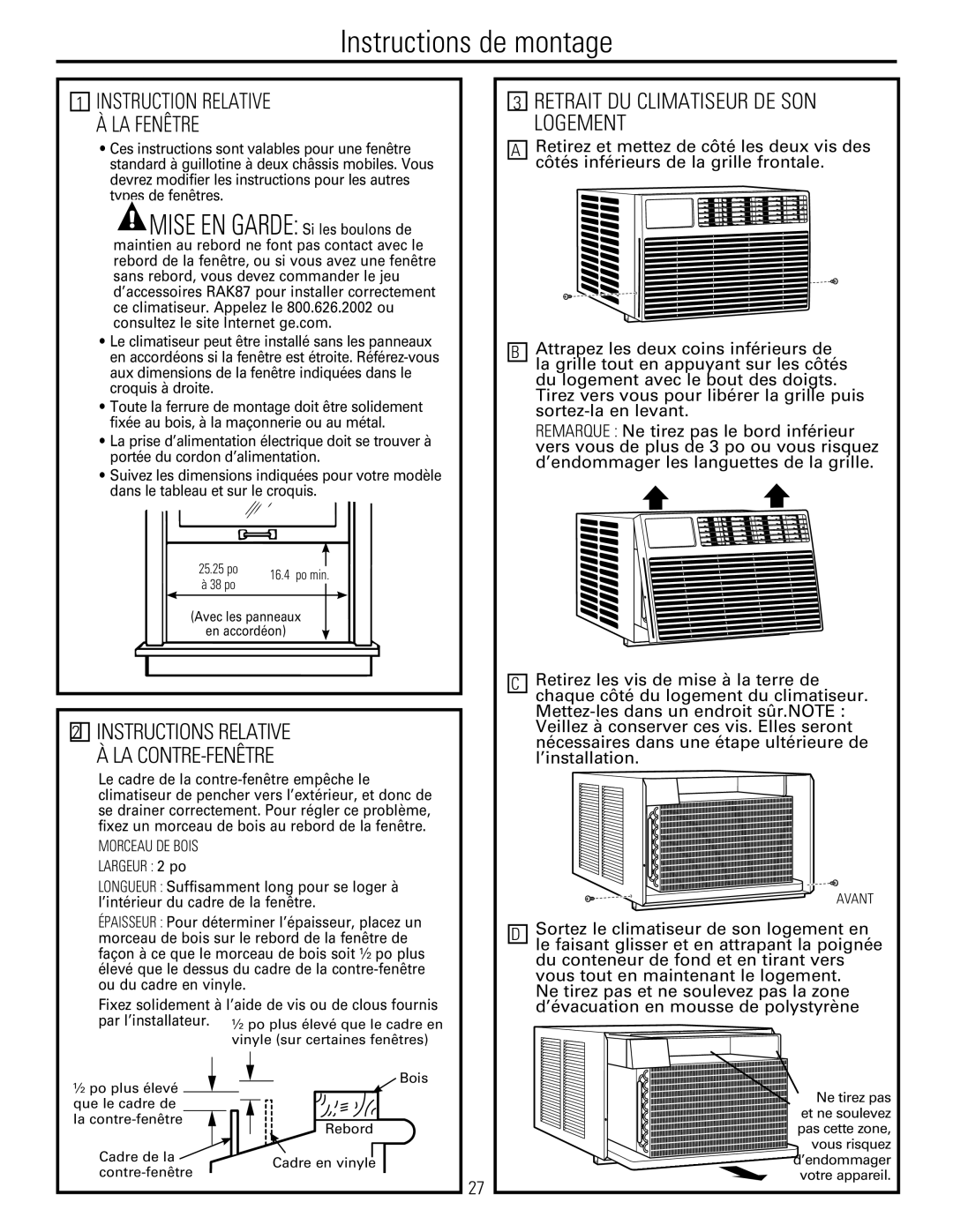 GE 880 installation instructions Retrait DU Climatiseur DE SON Logement 