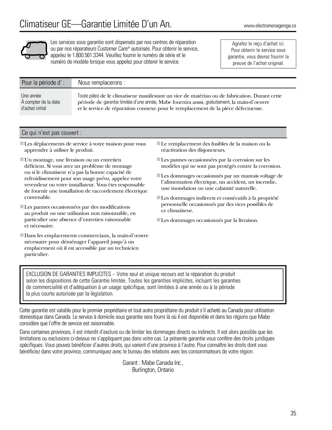 GE 880 Climatiseur GE-Garantie Limitée D’un An, Nous remplacerons, Ce qui n’est pas couvert, Pour la période d’ 