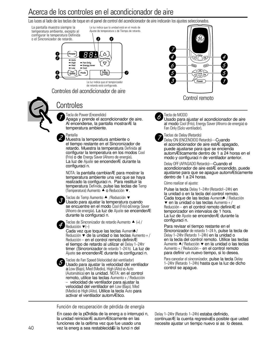 GE 880 Acerca de los controles en el acondicionador de aire, Controles del acondicionador de aire, Control remoto 