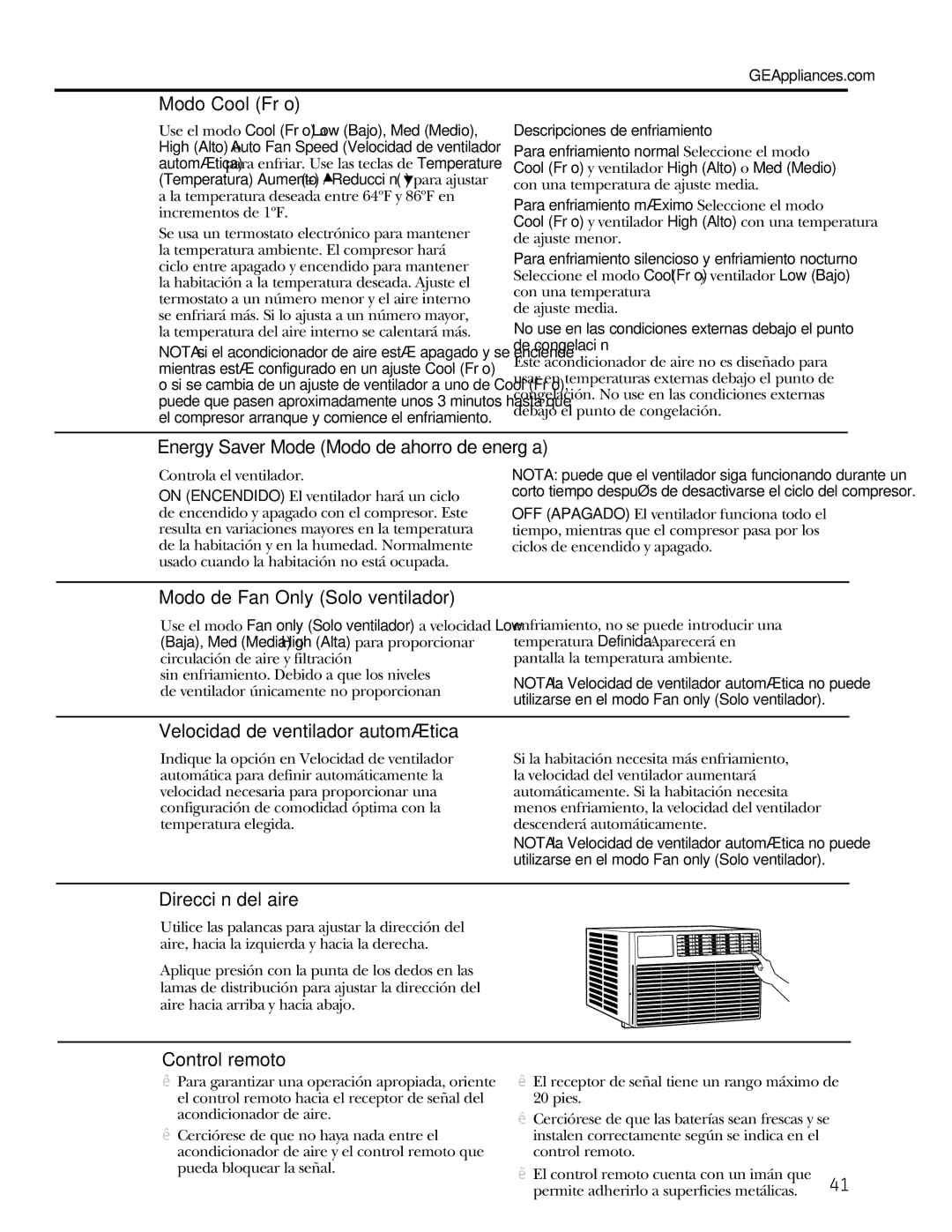 GE 880 Modo Cool Frío, Modo de Fan Only Solo ventilador, Velocidad de ventilador automática, Dirección del aire 