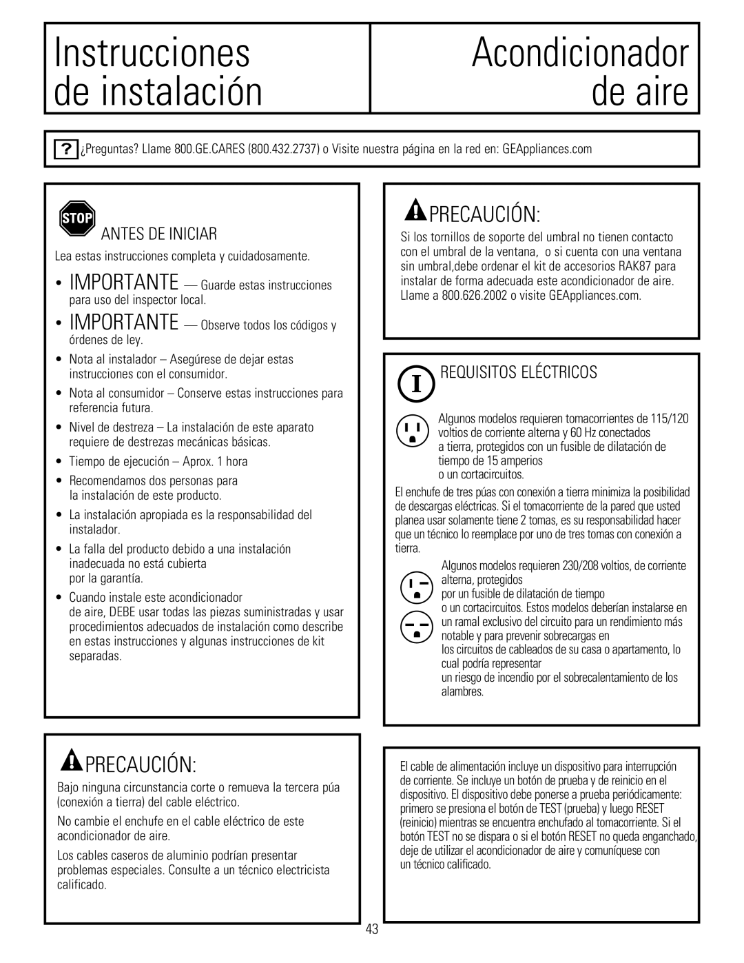 GE 880 Antes DE Iniciar, REqUISITOS ELéCTRICOS, Tiempo de ejecución Aprox hora, Un técnico calificado 