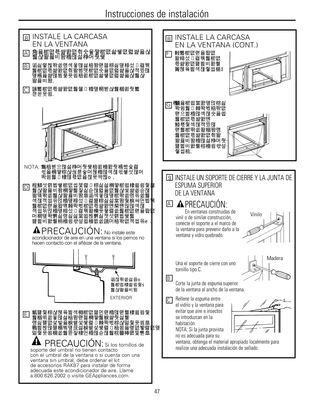 GE 880 installation instructions Instale LA Carcasa EN LA Ventana, DE LA Ventana, Vinilo, Habitación 