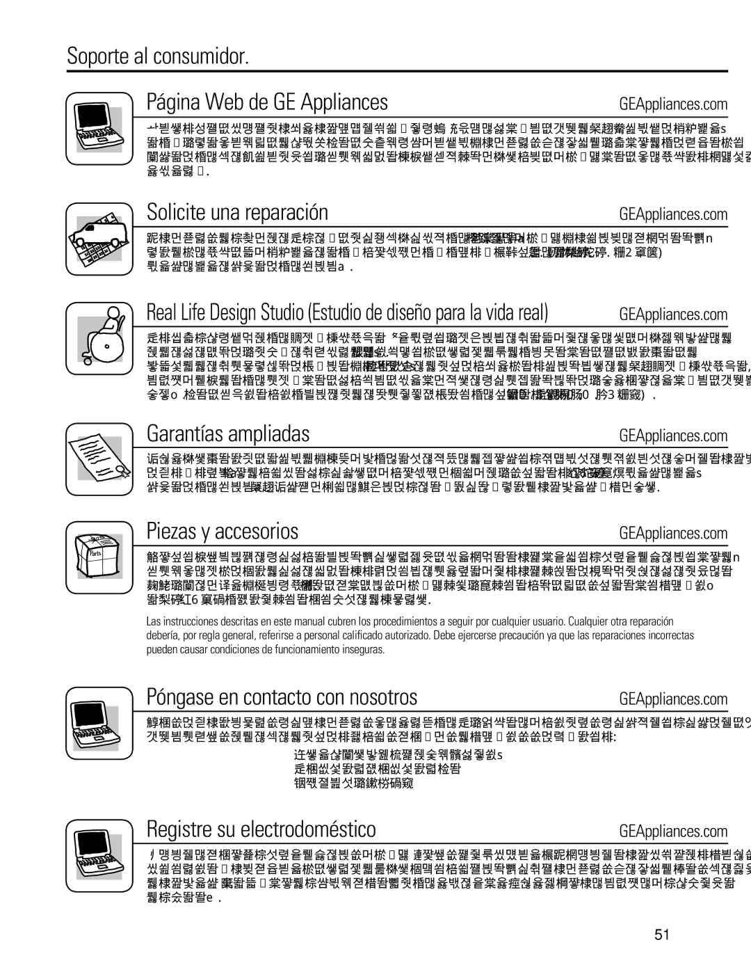 GE 880 Soporte al consumidor Página Web de GE Appliances, Solicite una reparación, Garantías ampliadas 