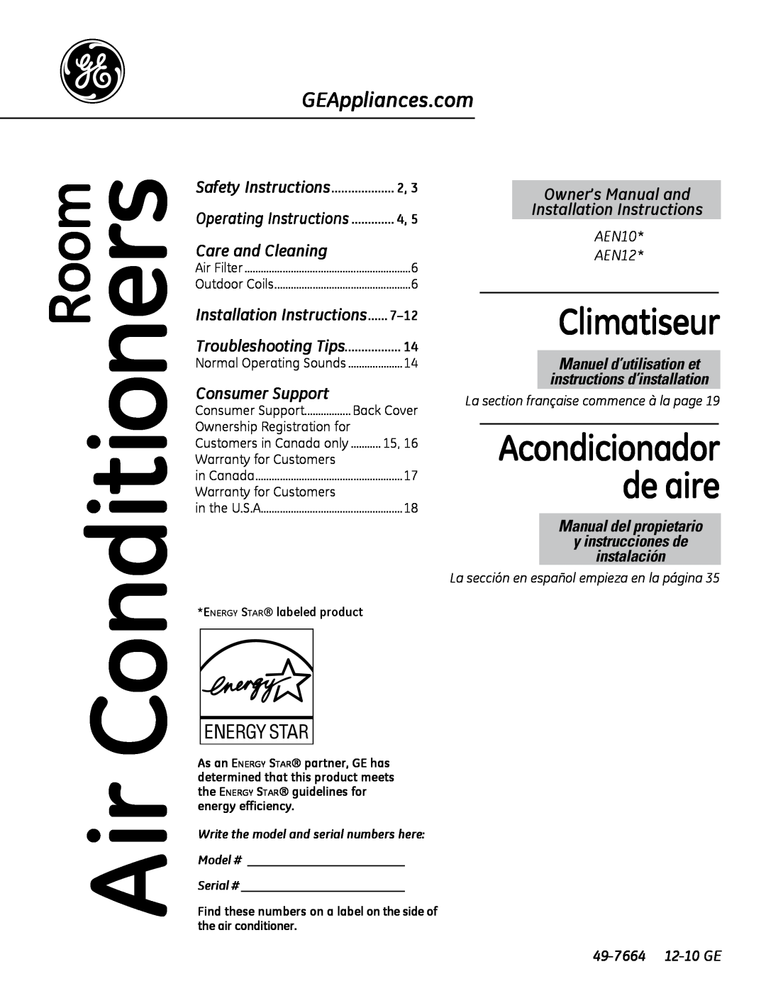 GE 880 installation instructions AEN10 AEN12, 49-7664 12-10GE, Climatiseur, Acondicionador de aire, Room, Consumer Support 