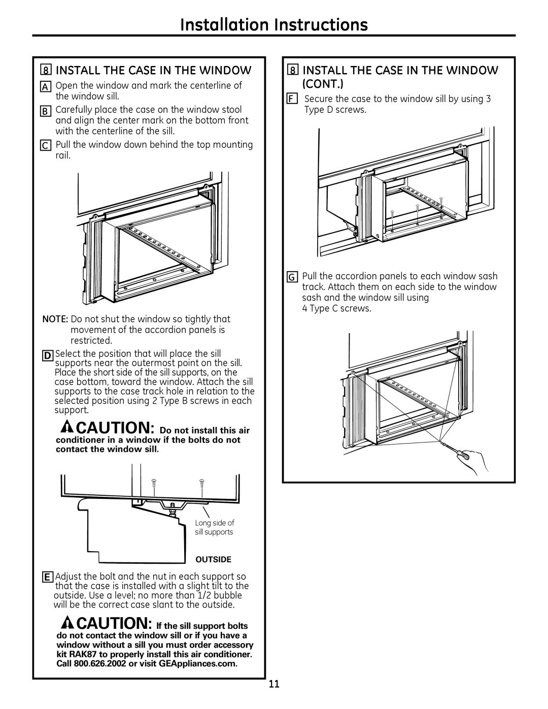 GE 880 installation instructions Install The Case In The Window Cont, Installation Instructions 