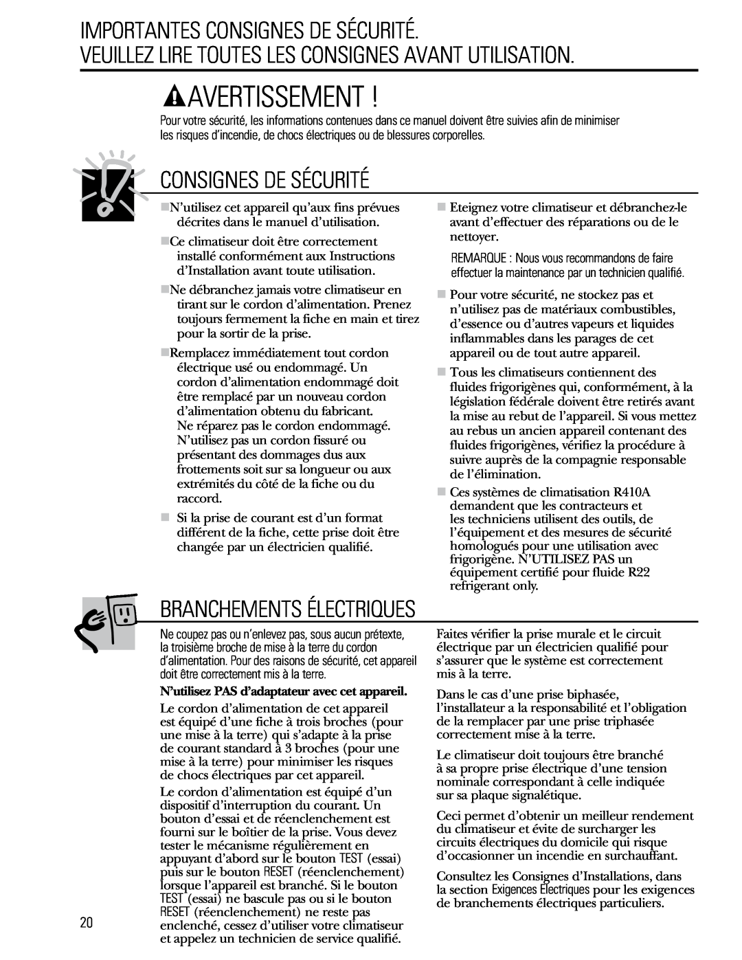 GE 880 installation instructions Avertissement, Importantes Consignes De Sécurité, Branchements Électriques 