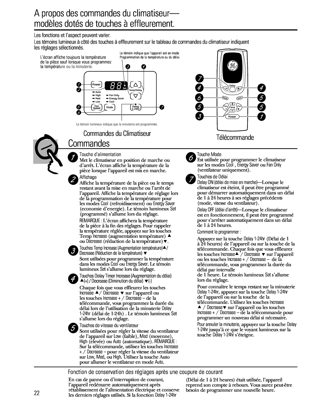 GE 880 installation instructions Commandes du Climatiseur, Télécommande 