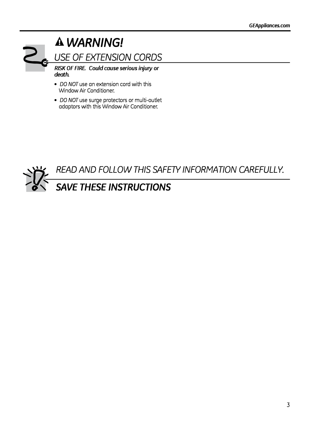 GE 880 Use Of Extension Cords, Save These Instructions, READ AND FOLLOW THIS SAFETY INFORmATION CAREFULLY 