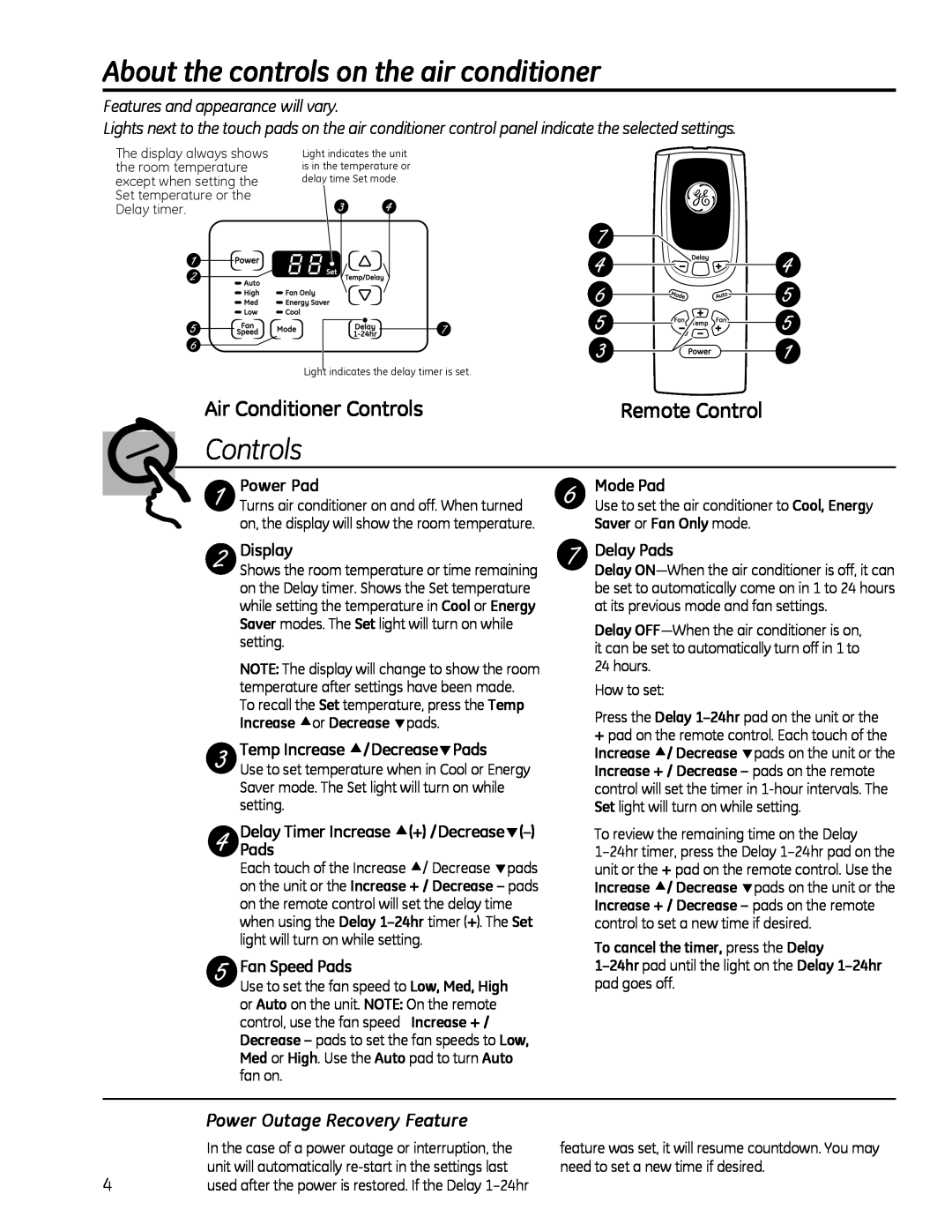GE 880 installation instructions About the controls on the air conditioner, Air Conditioner Controls, Remote Control 