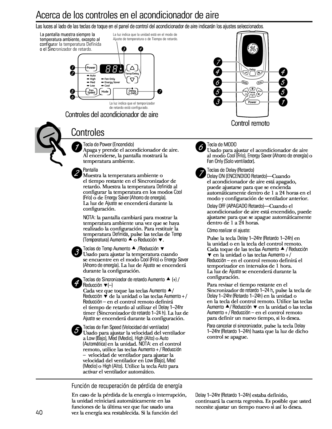 GE 880 Controles del acondicionador de aire, Control remoto, Función de recuperación de pérdida de energía 