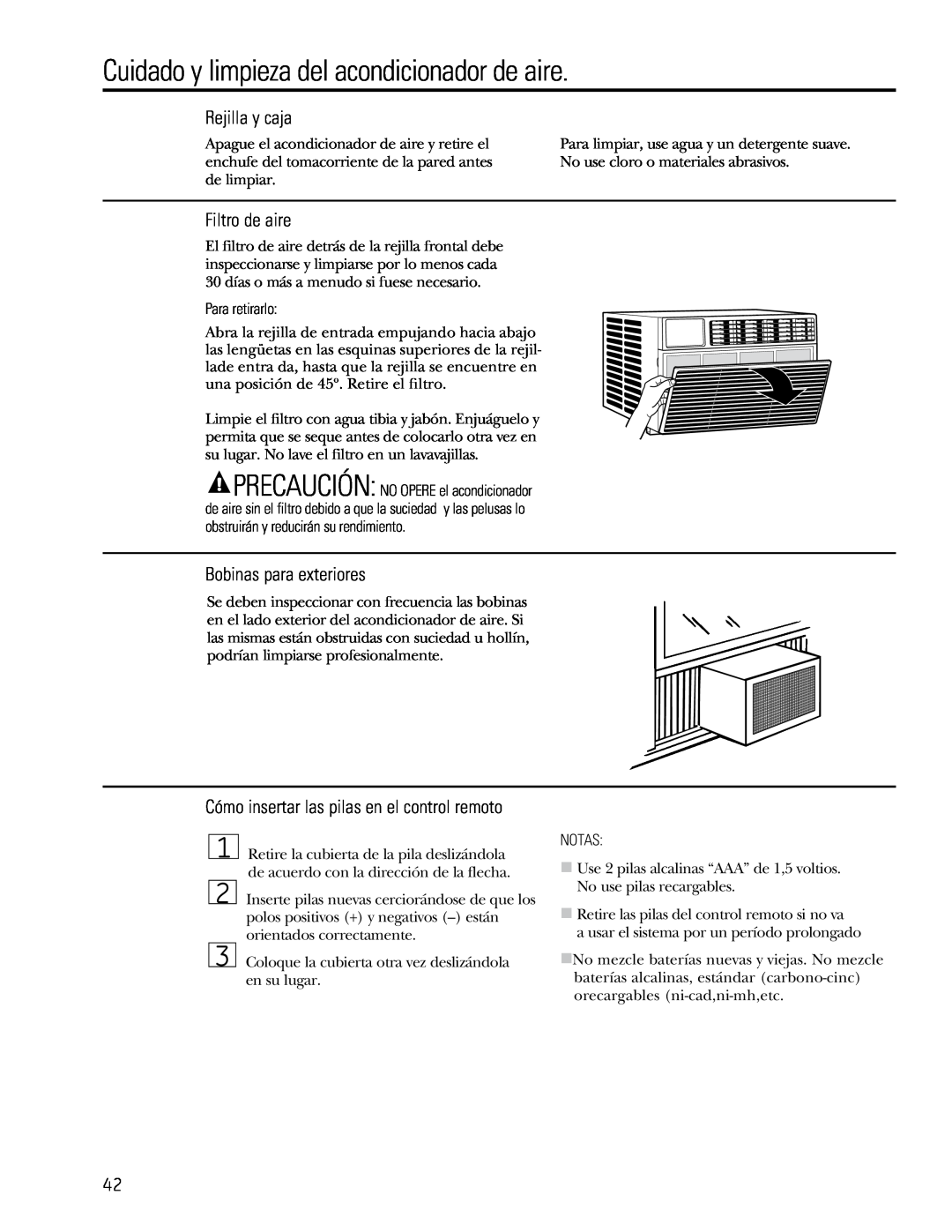 GE 880 Cuidado y limpieza del acondicionador de aire, Rejilla y caja, Filtro de aire, Bobinas para exteriores 