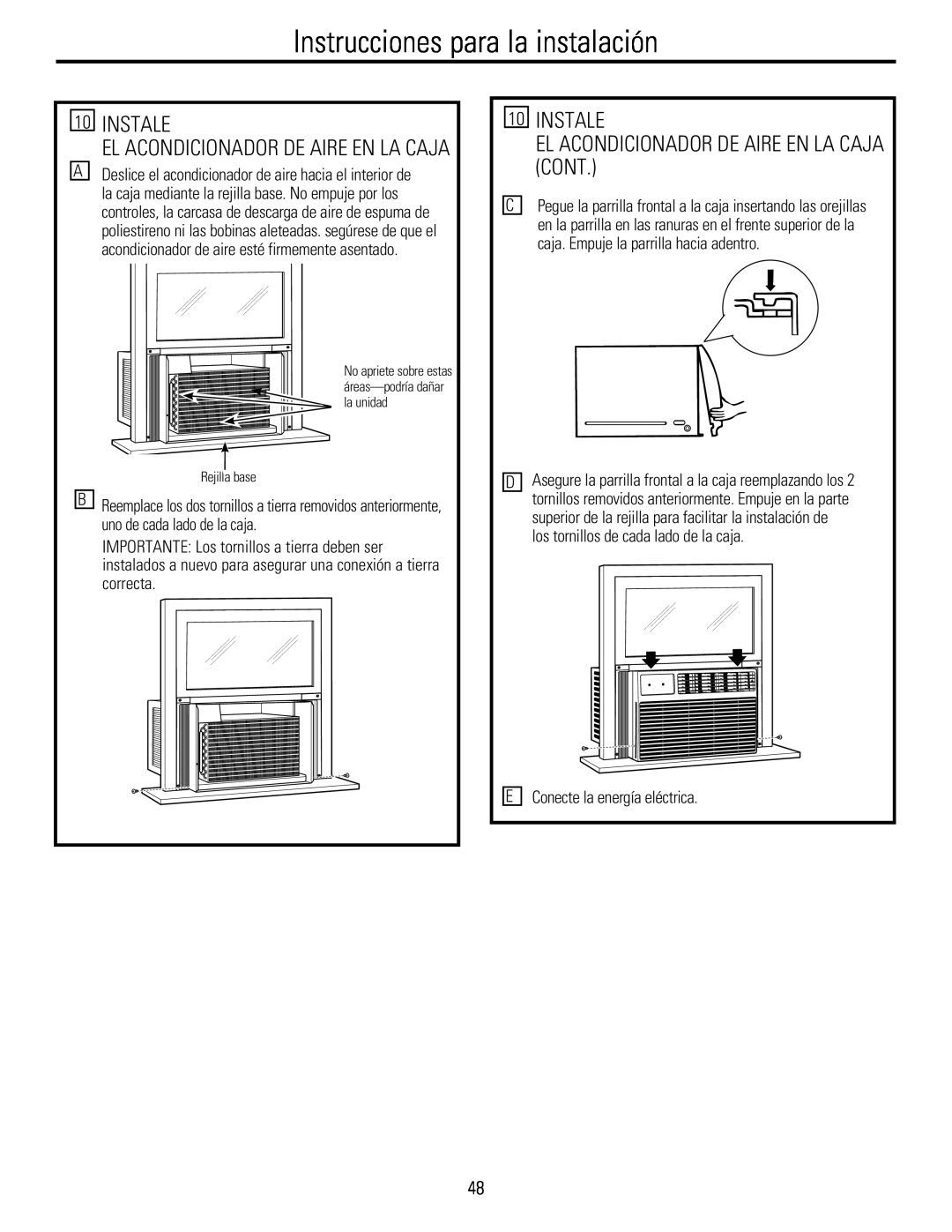 GE 880 installation instructions 10INSTALE, El Acondicionador De Aire En La Caja Cont, Instrucciones para la instalación 