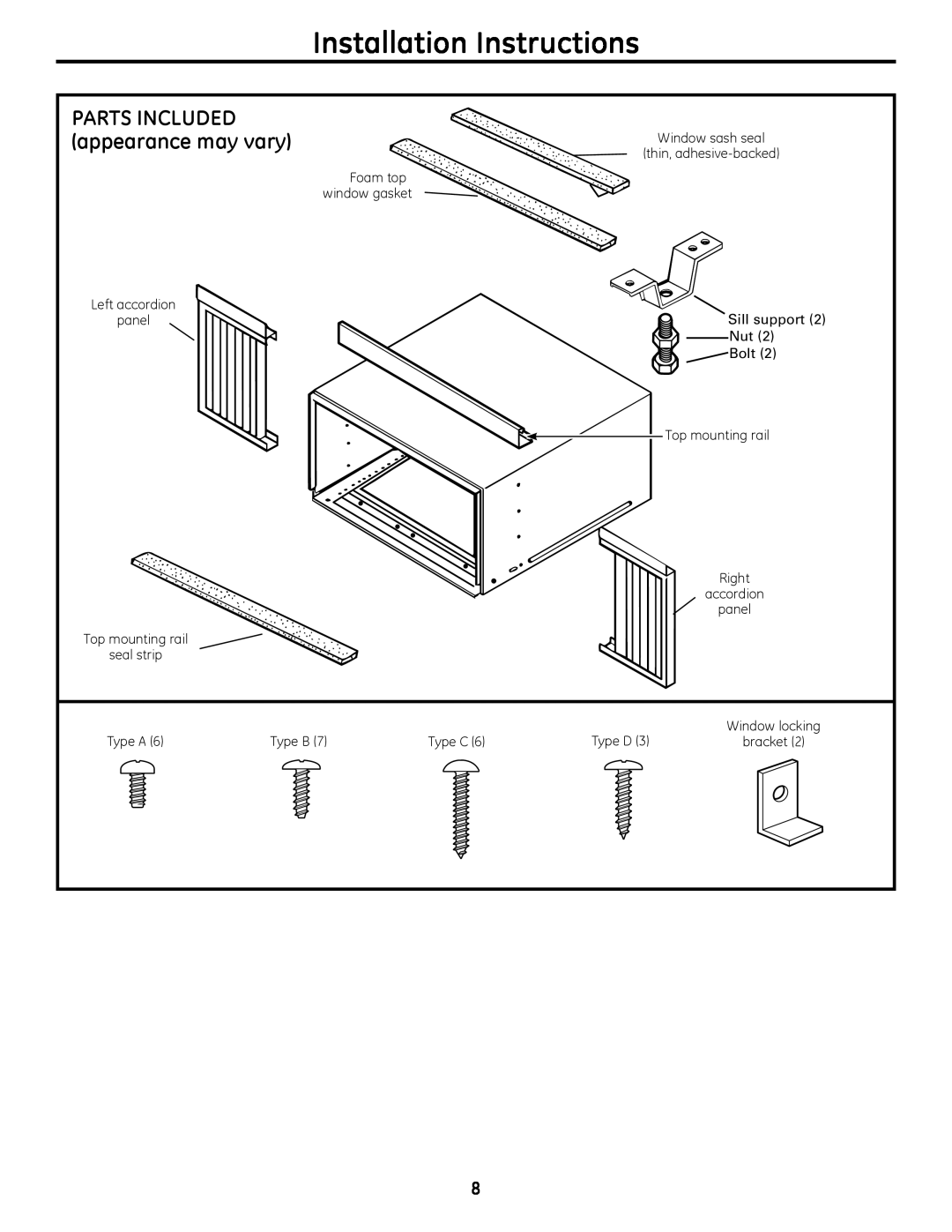 GE 880 installation instructions Installation Instructions, Parts Included, appearance may vary 
