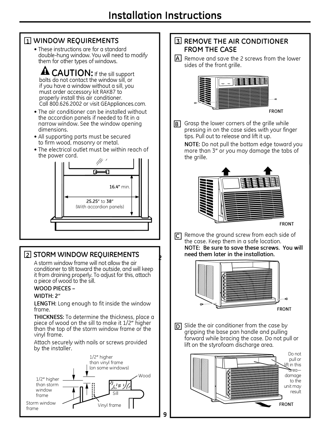 GE 880 Storm Window Requirements, Remove The Air Conditioner From The Case, Installation Instructions 
