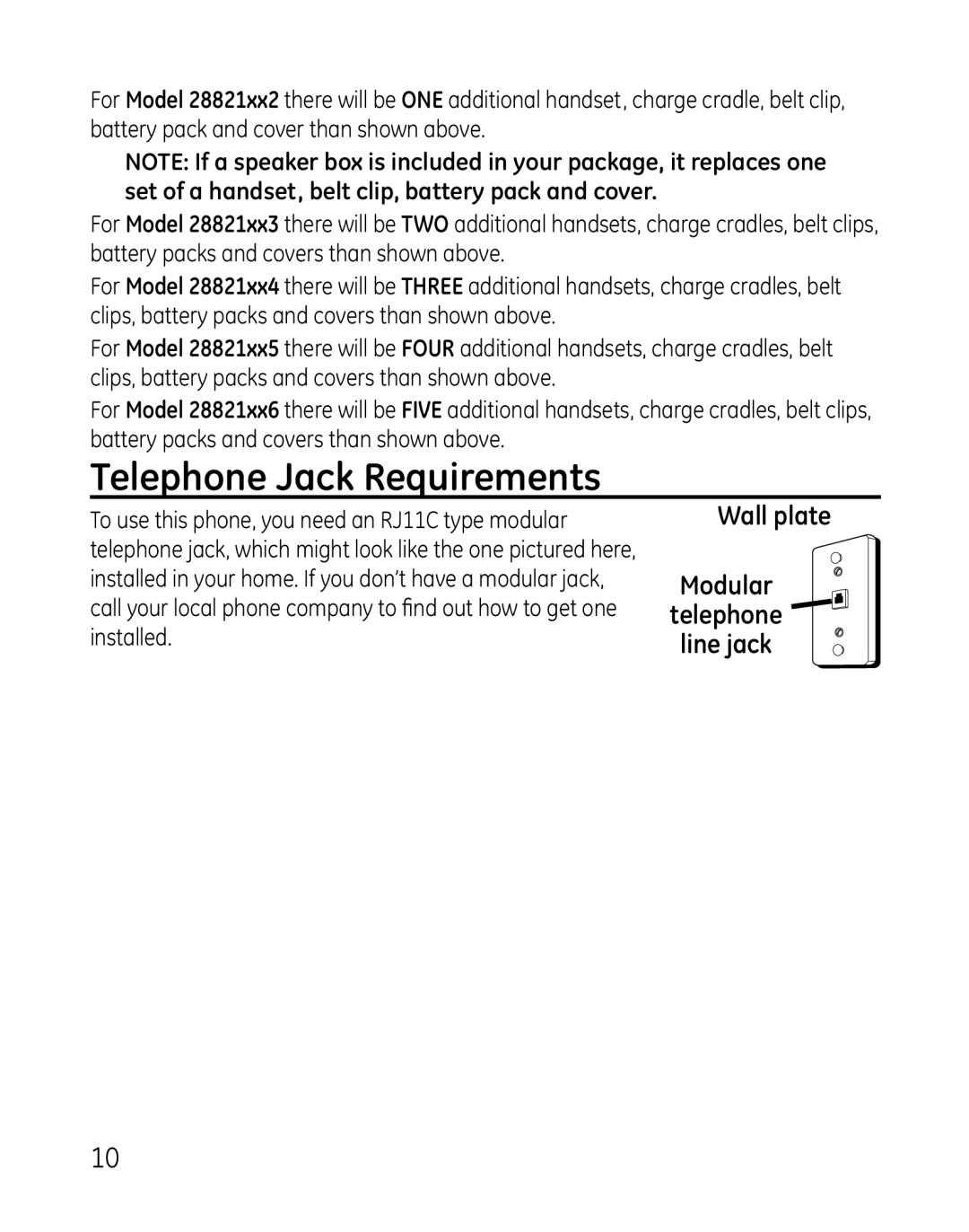 GE 28821xx4, 881, 28821xx3, 28821xx6, 28821xx5, 28821 Series, 28821xx2, 28801, 0007 manual Telephone Jack Requirements 