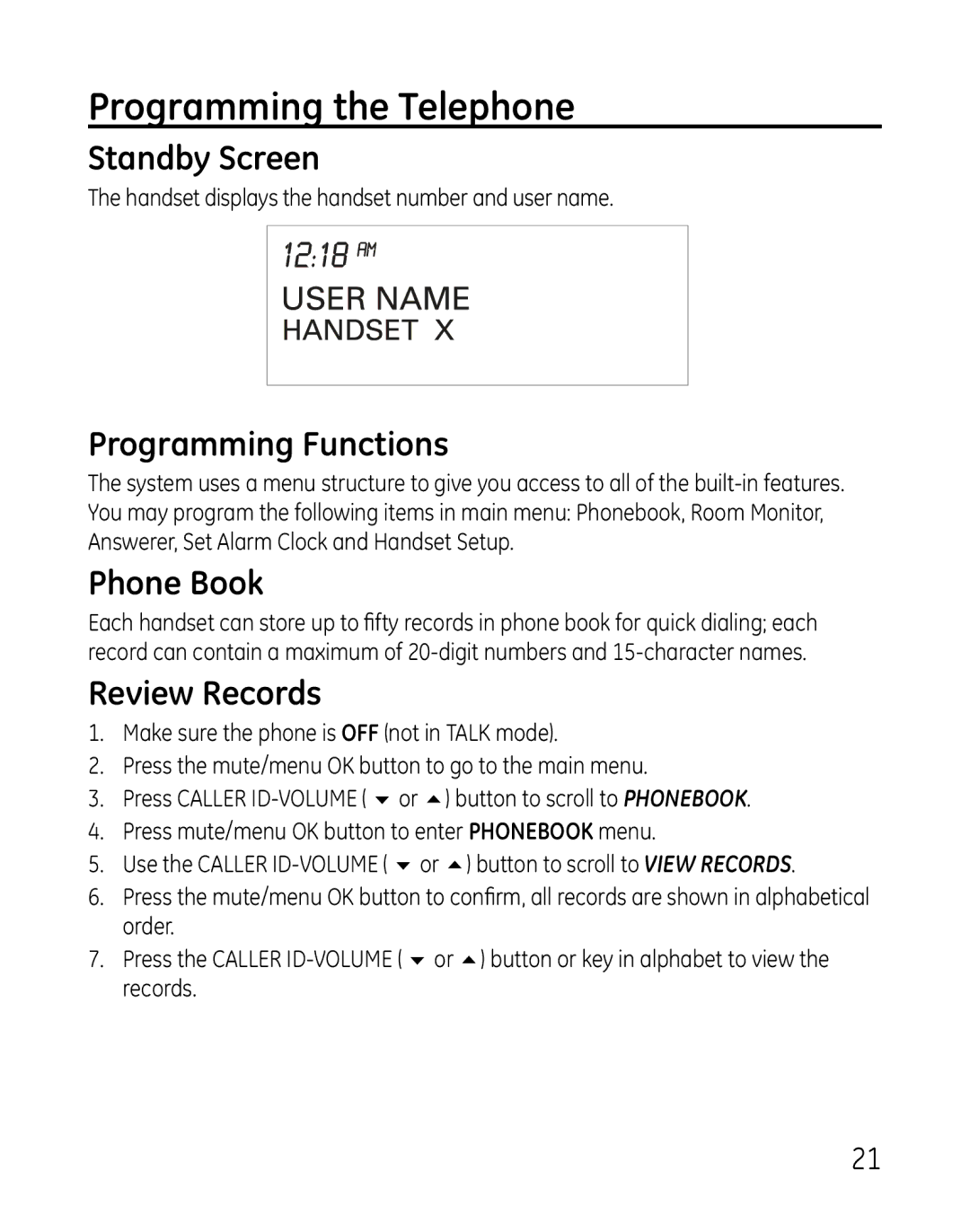 GE 28821xx6, 881, 28821xx4 Programming the Telephone, Standby Screen, Programming Functions, Phone Book, Review Records 