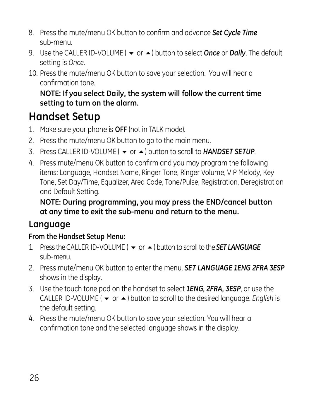 GE 0007, 881, 28821xx4, 28821xx3, 28821xx6, 28821xx5, 28821 Series, 28821xx2, 28801 Language, From the Handset Setup Menu 