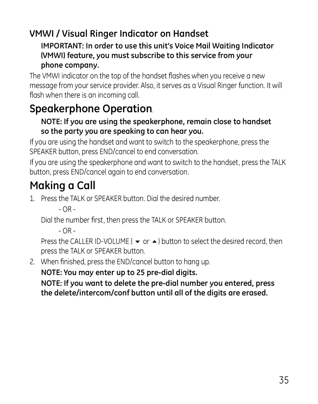 GE 0007, 881, 28821xx4, 28821xx3, 28821xx6 Speakerphone Operation, Making a Call, Vmwi / Visual Ringer Indicator on Handset 