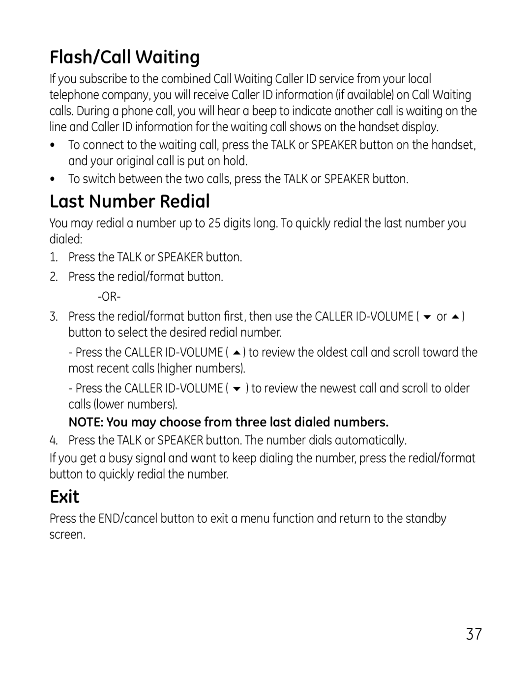 GE 28821xx4, 881, 28821xx3, 28821xx6, 28821xx5, 28821 Series, 28821xx2, 28801, 0007 Flash/Call Waiting, Last Number Redial, Exit 