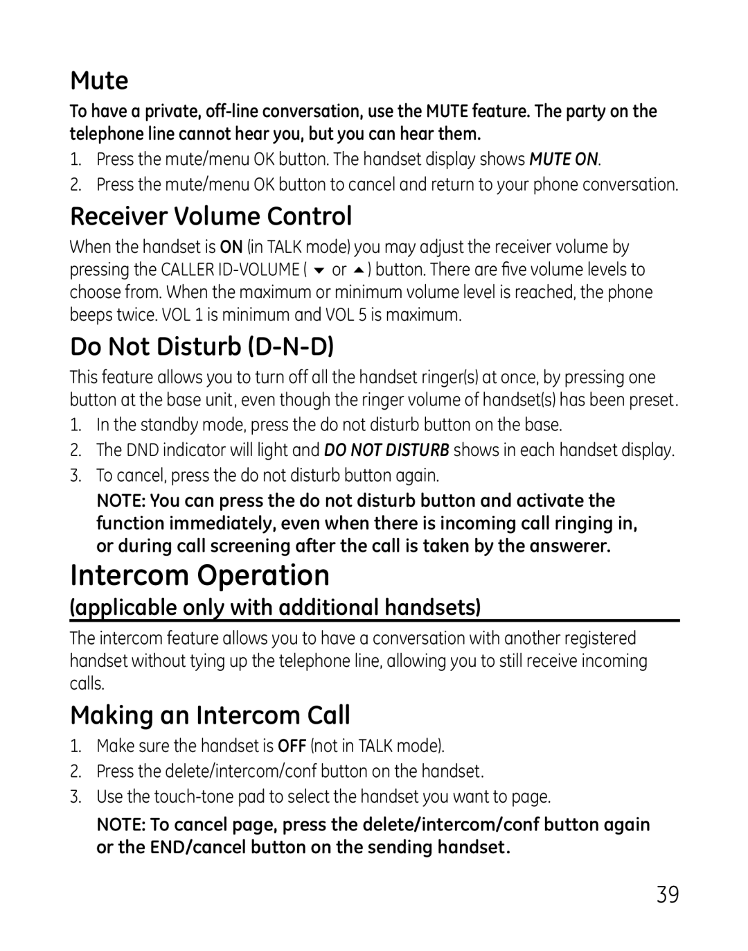 GE 28821xx6, 881, 28821xx4 Intercom Operation, Mute, Receiver Volume Control, Do Not Disturb D-N-D, Making an Intercom Call 