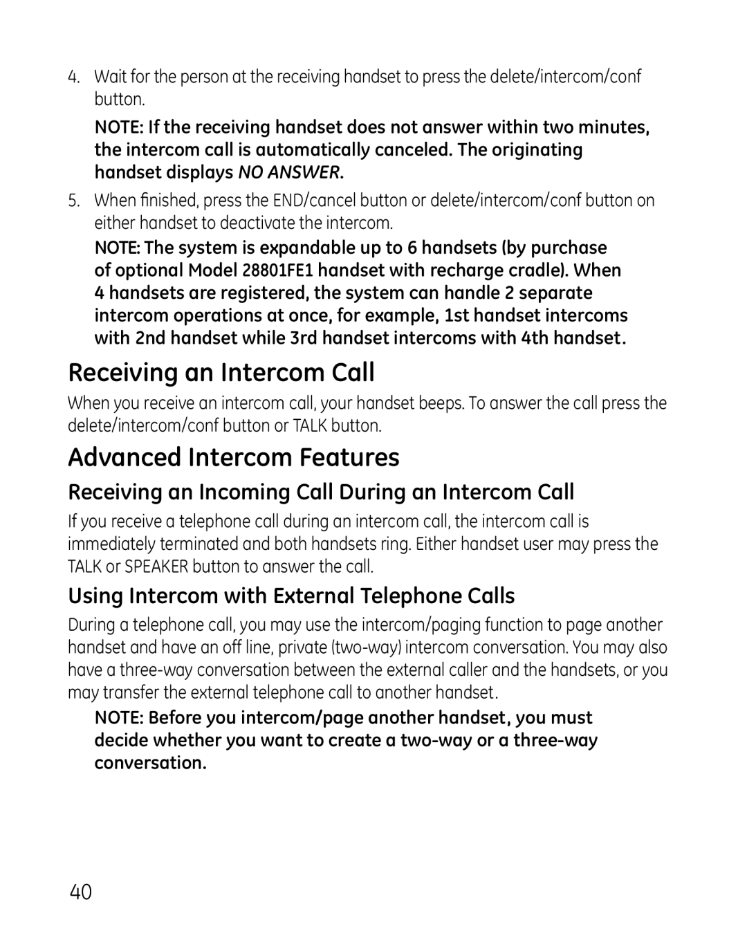 GE 28821xx5 Receiving an Intercom Call, Advanced Intercom Features, Receiving an Incoming Call During an Intercom Call 